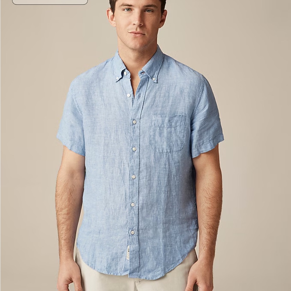J. Crew Linen Blend Short Sleeve Blue Button Down Shirt Size‎ Medium